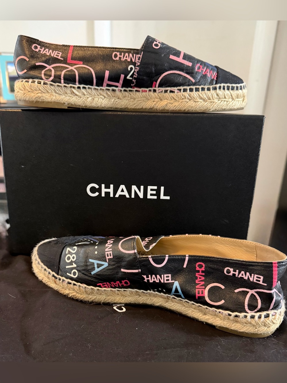 Authentic CHANEL Black Canvas Espadrilles with Pink & Blue Logo Print
